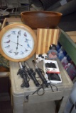 Bird clock, gloves, curling irons, wooden bowl
