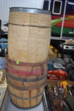 Wooden barrel and 4 bushel baskets