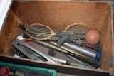 Wooden box with bats and toys