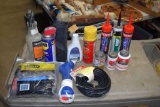 Assortment of shop supplies, coax cable, garbage bags, power grab