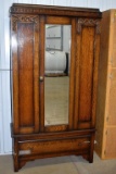 Antique Oak Wardrobe, Beveled Mirror, Bottom Drawer, 76x40x16.5