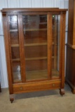 Antique Mission style Oak Curio Cabinet, Wooden Shelves, Drawer on Bottom, 63x39.5x17