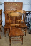 (3) Oak Press back Chairs, Oak Table top with no legs