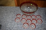 Pressed Glass Punch Set with Red Trim, 12 Cups, Bowl & Ladle