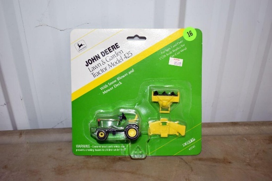 Ertl John Deere 425 Lawn & Garden Tractor with snow blower and mower deck, on card, 1/32th