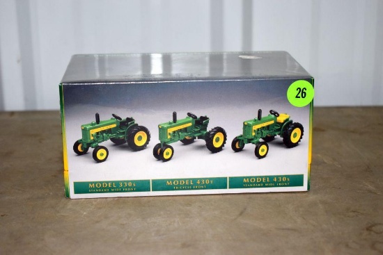 The John Deere Dubuque Works Historical Tractor Set, 1/64th, 330S, 430T, 430S tractors, like new