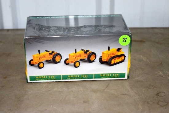 The John Deere Dubuque Works Historical Tractor Set, 1/64th, 330I, 430I, 430C tractors, like new