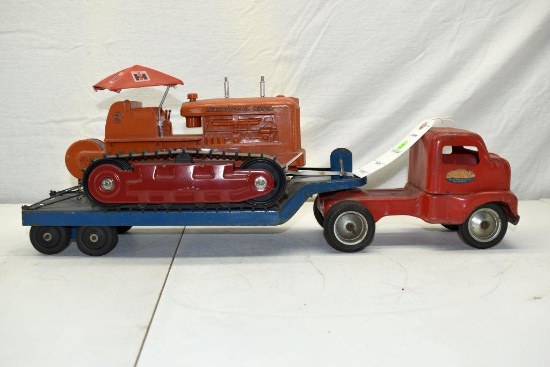 1950's Tonka Truck and Lo-Boy Trailer with Product Miniatures IHC Crawler with rear winch, 23"