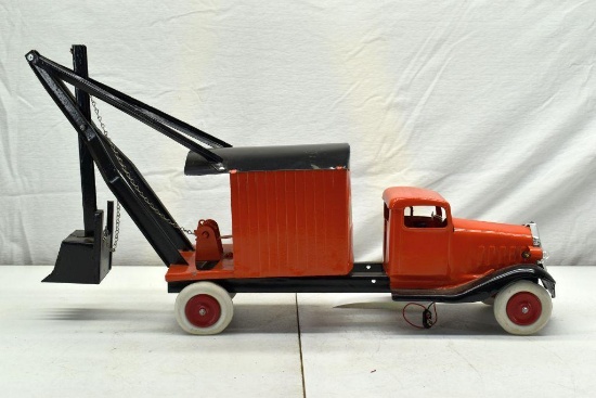 1930's Press Steel Marion Dirt Shovel Mounted On Truck with Battery Headlights, repainted, custom