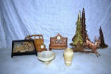 Wooden hand made clocks, stone dishes