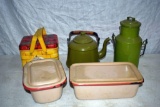 Enamelware, coffee pot and basket