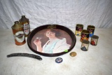 Grain Belt & Chief Oshkosh Cone Top Beer Cans, Coca-Cola Tray, other small tins