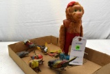 Assorted Tin Windup Birds, Battery Operated Monkey
