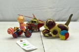 Tin Windup Helicopter, Bick Tin Dog with Ball, Tin Windup Tricycle with Girl