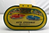 Automatic Toy Co. Tin Auto Speedway with 2 Kay Windup Boattail Racers, 17