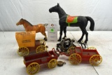 1 Plastic Horse and 1 Press Tin Horse, Plastic Wagons