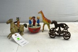 Tin Litho Man and Horse Windup, Giraffe Windup, Cast Iron Horse with Bell, Magneto Bobble Head Music