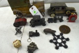 Assorted Cast Iron Toys, Tinker Toy Motor, Gyroscope, Fire Chief Siren, Pressed Steel Vintage Car
