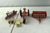 Tru-Scale Tractor, Grain Drill, Hay Rake and two plastic wagons