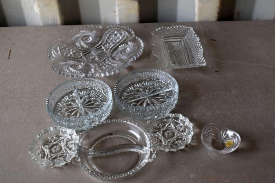(2) Crystal Browned Heavy Candy Dishes, Large Cut Glass Center Dish, West Moreland Candy Dish
