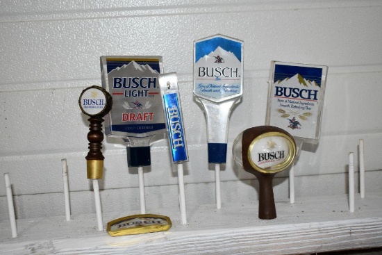 Busch and Busch Light Beer Tap Handle Markers and one plastic Busch name plate (6 Total)