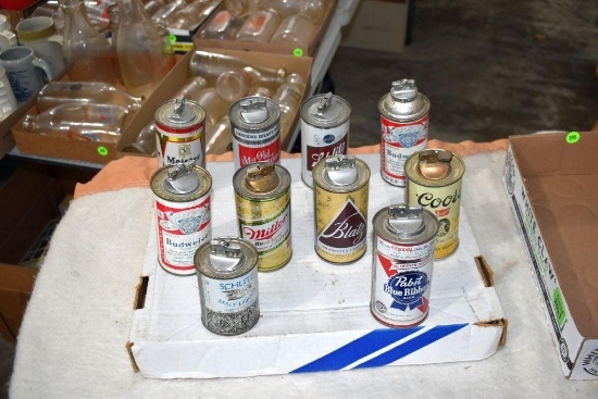 Assortment of Beer Can Lighters Including PBR, Miller, Old Milwaukee, Budweiser, Schlitz, Blatz,