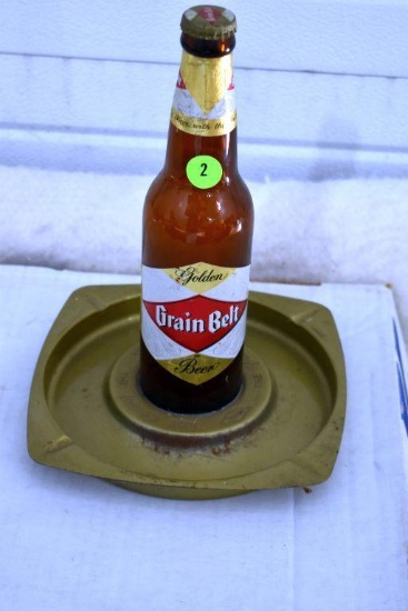 Grain Belt "The Friendly Beer" Metal Ashtray with Glass Bottle