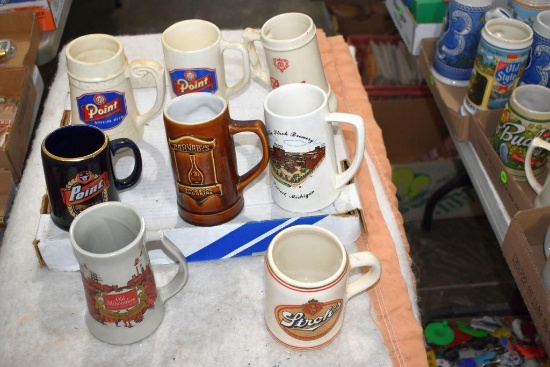 Assorted Beer Mugs including Stroh's, Pearl, Stevens Point