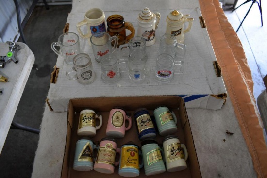 Assortment Of Mini Covered Steins, Glass Stein, Gobl, Miller Highlife, Foxhead, Blatz, (21) Pieces