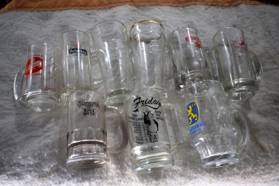 (9) Assorted Glass Beer Mugs, Assorted Brands