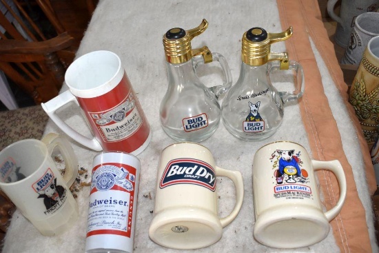 Assortment Of Budweiser, Bud Light, Bud Dry, Spudds Mackenzie Mug, Plastic Cup, Glass Server