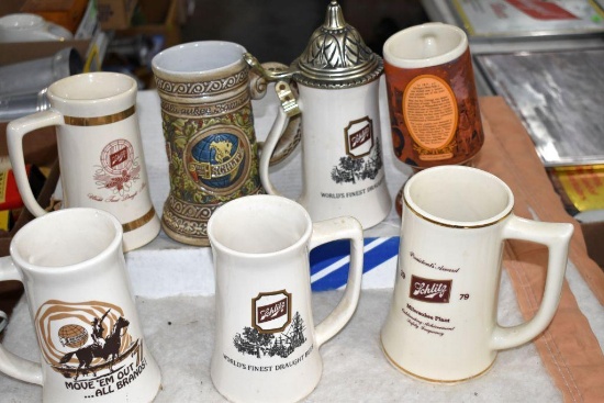 (7) Schlitz Steins, Including Commemorative Chicago Fire Of 1871