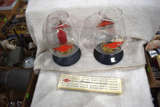 Grainbelt Beer Cribbage Board top, (2) Grain Belt Beer Candles