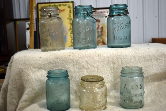 Assortment Of Clear And Blue Ball Fruit Jars