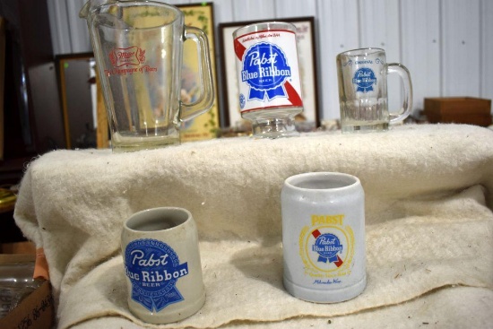 Assortment Of Pabst Beer Mugs, Glasses, Miller High Life Pitcher