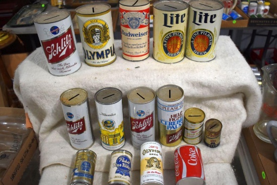Assortment Of Schlitz, Budweiser, Miller Lite, Pabst, Coca-Cola Coin Banks
