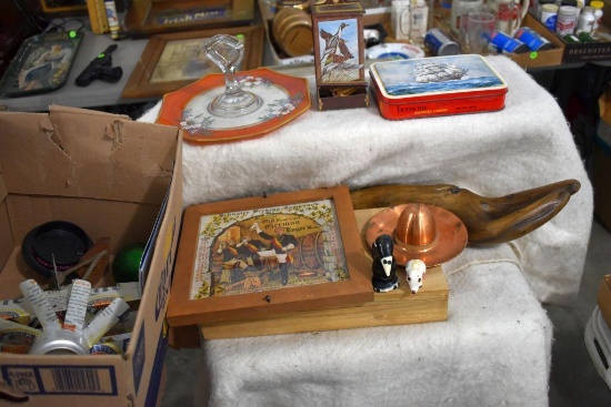Assortment Of Tins, Wooden Items, Miller Lite Beer Can Plane