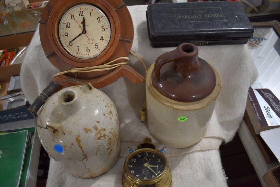 Ship Clock, (2) Stoneware Jugs