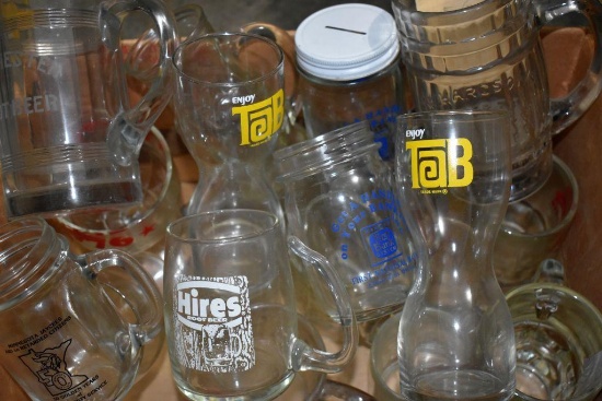 Large Assortment Of Glass Advertising Mugs, Pop And Beer