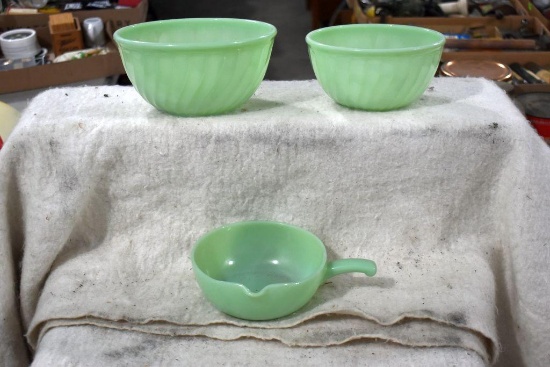 (2) Fireking Jadeite Mixing Bowls and Jadeite Skillet Bowl