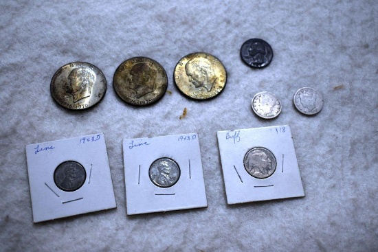 (3) 1776-1976 Ike Dollars 40% Silver ,1918 Buffalo Head Nickel, 1913 Steel Penny,1943 D Penny,1893