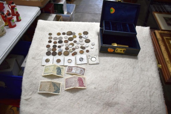Assortment Of Foreign Coins and Jewelry Box