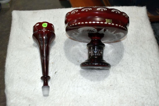 Fancy Egermann Bohemian Engraved Arch Design Ruby Red Glass Stag Epergne