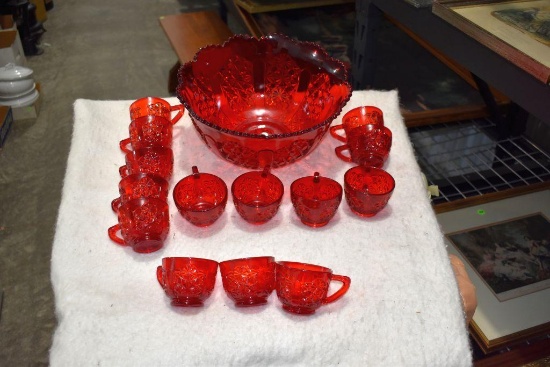 Ruby Red Punchbowl w/Cups and Ruby Red Plater