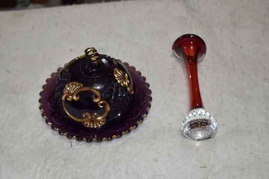 Purple Amathist Victorian Butter Dish and Ruby Red Glass Vase