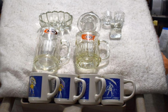 (4) Commemorative Morton Salt Cups,(2) A&W Mugs,Cruet,Spoon Rest and (2) Shot Glasses