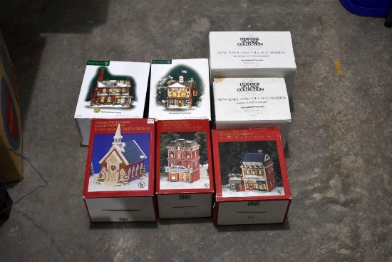 (4) Boxed Department 56 Villages, (3) Dickens Boxed Porcelain Light houses