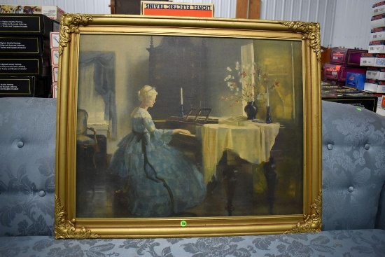 Blue Danube Victorian Lady Playing Piano With Victorian Frame, 34''x 28''