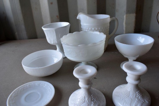 Milk Glass Pitcher, Milk Glass Vases, Milk Glass Candle Stick Holders