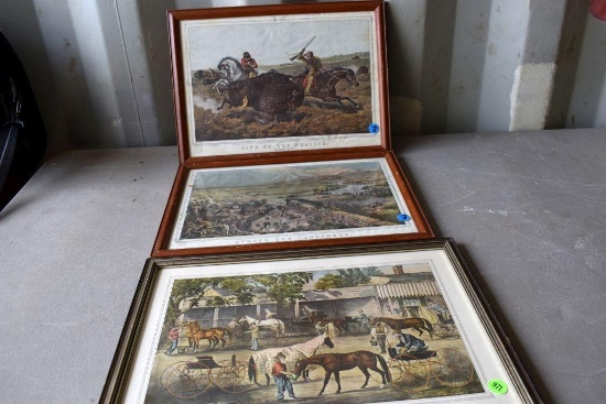 (3) Reprinted Currier Knives, Pictures In Frames, Stopping Place On The Road, Across The Continent